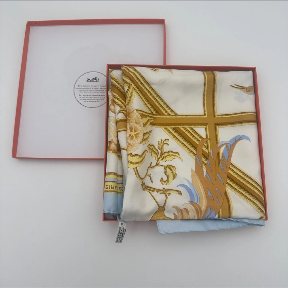 Hermes Silk Scarf in Cream, Gold and Light Blue
